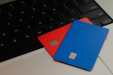 Credit cards on a keyboard. Online shopping concept, banking online