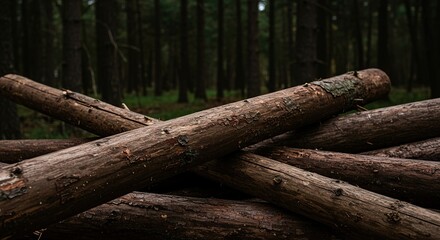 Untamed forest timber awaiting purpose, raw and weathered, embodying the spirit of natural, wild construction materials ,rough ,wilderness ,rustic