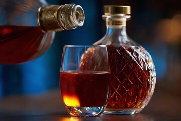 Golden Elixir: A refined moment captured with a glass being filled by a bottle, showcasing the amber depths of a premium spirit. An image that invites contemplation and indulgence