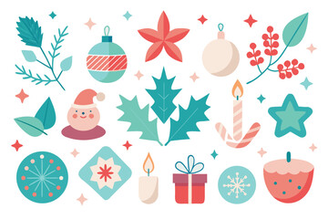 Bright, playful Christmas holiday illustration with ornaments, Santa hat, candles, holly, berries, gifts, leaves, and stars. Perfect for festive stock imagery, greetings, ads, and seasonal campaigns.