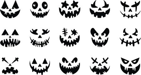 Halloween Pumpkin Face Vector Set, Scary Jack-O’-Lantern Expressions, Spooky Carved Silhouette Icons
