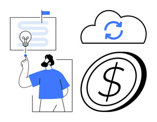 Fototapeta na wymiar Man points to a light bulb over a flowchart, cloud sync icon, and dollar coin. Ideal for innovation, strategy, cloud services, fintech, digital transformation financial planning creativity. A