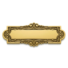 Empty golden nameplate with intricate scrollwork frame isolated on white background