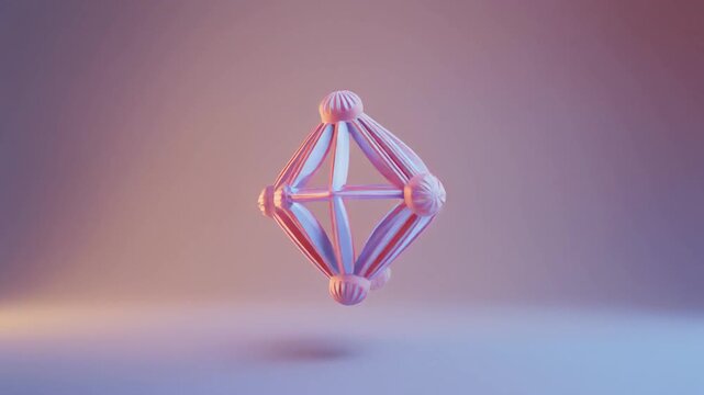 A 3D rendered abstract geometric shape with soft pink and blue lighting, floating in a minimalist gradient background.