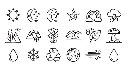 Collection of vector icons depicting nature related elements in black color