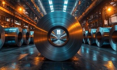 In a steel industry plant, cold-rolled steel coils or stainless steel sheets are kept in storage.

