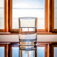 Glass of Water Illustration – Transparent Clarity with Air Bubbles & Reflections on Wood-Framed Background