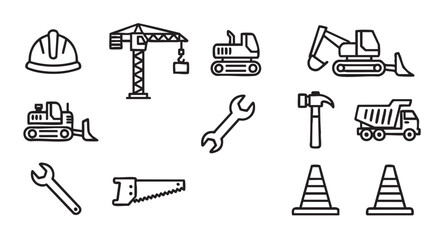 Construction and building icons representing construction site and building process