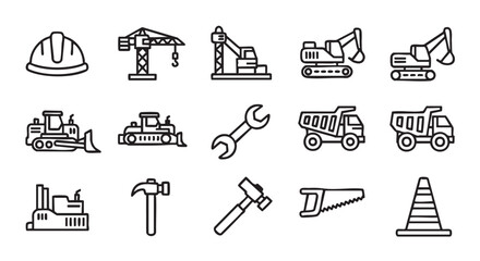 Construction site equipment icons set in outline design style isolated