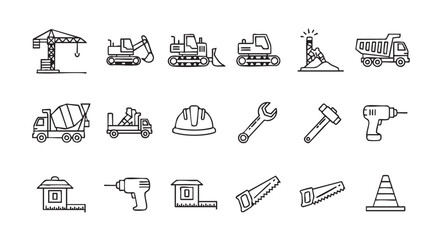 Construction site line icons set collection of building machinery equipment