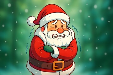 Jolly Cartoon Santa Shivering in Winter Jacket on Blurred Green Christmas Background