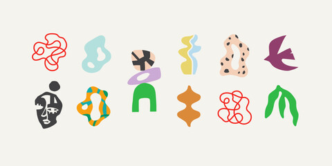 Set of modern abstract shapes and groovy silhouettes in bold boho cut out style. Funky organic forms, vibrant collage elements, abstract faces, and playful artistic line art.