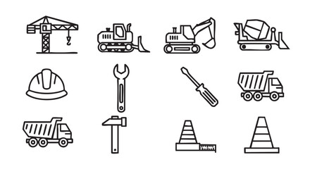 Construction site icons collection of machinery tools and safety equipment outline
