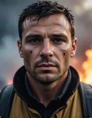 Fototapeta premium Exhausted Firefighter Portrait After Fire Close-up