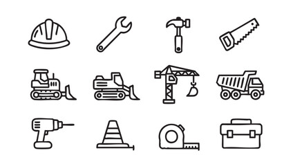 Construction tools and equipment line art icons set isolated on white