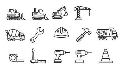 Construction vehicles and tools line art icons vector graphic design