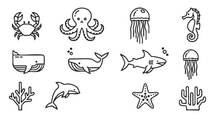 Cute Ocean Animals Line Art Illustration Crab Octopus Whale Dolphin Coral
