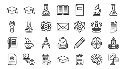 Doodle Education and Science Icon Set in Black and White Style