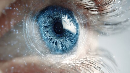 Extreme close up of blue eye with digital interface overlay