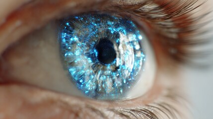 Macro view of human eye with futuristic digital blue light overlay