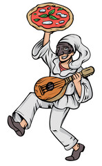 Pulcinella mascot  delivers pizza to Naples. Vector Illustration