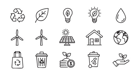 Eco friendly black outline icons environmental sustainability and ecological awareness