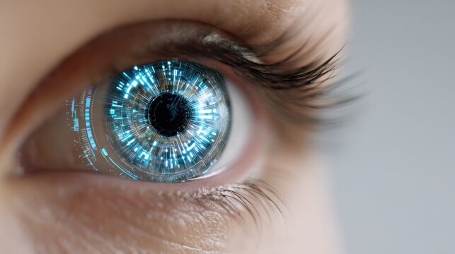 Extreme close up of human eye with glowing blue futuristic digital iris overlay - Powered by Adobe