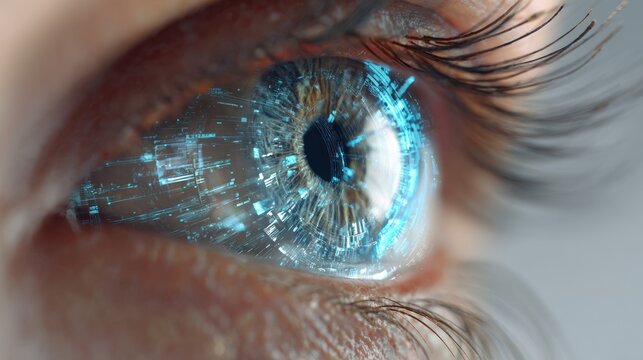 Extreme closeup of human eye with glowing blue digital interface overlay - Powered by Adobe