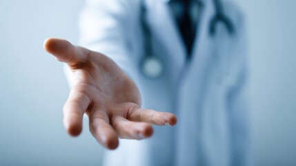 Doctor reaching out hand toward viewer with stethoscope visible