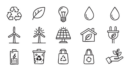 Eco Friendly Icons Renewable Energy and Sustainable Lifestyle Symbols on White