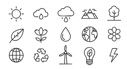 Ecological Icons Representing Nature Weather and Environment in Line Art