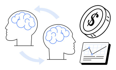Two human profiles with brain connections symbolize idea exchange, accompanied by a coin and graph chart. Ideal for collaboration, innovation, teamwork, knowledge sharing, growth, finances, strategy