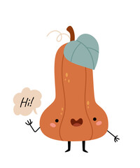 Adorable kawaii-style pumpkin with a smile and waving hand. Scandinavian, minimalist, pastel autumn clipart. Perfect for kids, greeting cards and seasonal decor.