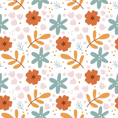 Seamless vector pattern with stylized autumn flowers and leaves in earthy tones. Perfect for fall-themed fabric, wrapping paper, and stationery.