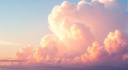 A breathtaking view of fluffy, pinktinged clouds at sunset, creating a serene and dreamy atmosphere with soft pastel colors and gentle light, evoking a sense of peace and tranquility in the vast sky