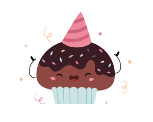 Cute party cupcake with chocolate icing, sprinkles, a pastel pink party hat, and cheerful expression. Scandinavian minimalist pastel style,