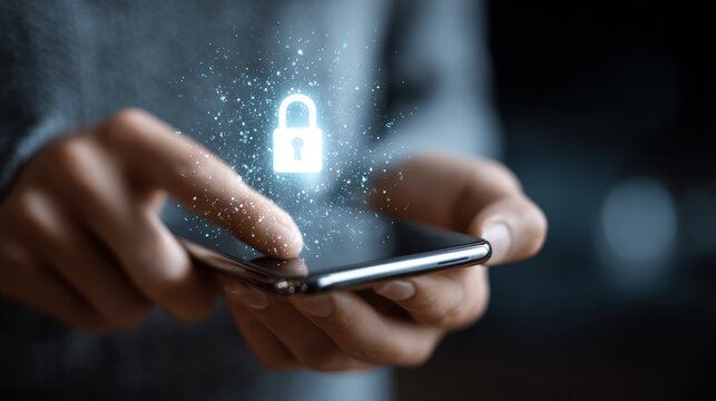Finger touching smartphone screen displaying glowing security lock icon.