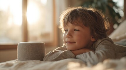 Young boy lying on a bed with his head resting on his hand. he is wearing a grey sweater and has curly blonde hair. the boy is looking off to the side with a peaceful expression on his face.