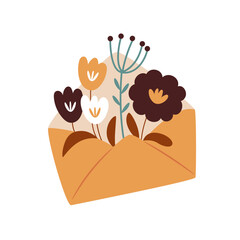 Cute autumn envelope with minimalist Scandinavian bouquet. Pastel floral arrangement in flat style for kids, prints, cards, stickers, or nursery wall art.