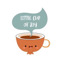 Adorable kawaii coffee cup with happy face and pastel speech bubble. Scandinavian, minimalist and lovely style – perfect for stickers or seasonal prints.