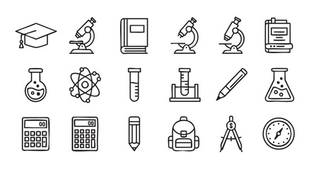 Education and science icon set line art on white background