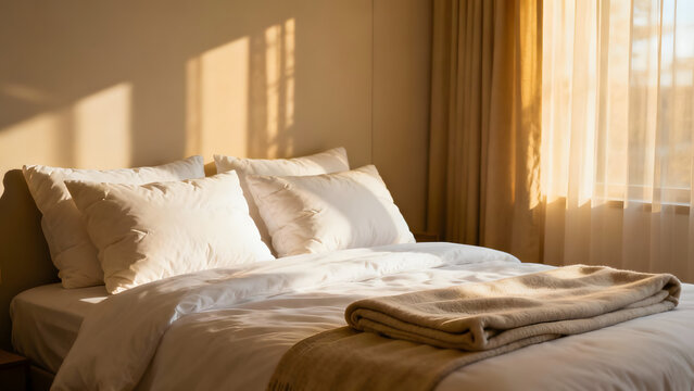 Inviting morning light fills a cozy bedroom, promising rest and relaxation with plush pillows and a warm blanket for a peaceful escape, perfect for lifestyle designs