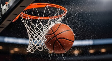 Dynamic close-up of basketball swishing through net with water droplets frozen in mid-air, orange rim and backboard slightly blurred, capturing intense motion and dramatic action in a high-energy spor