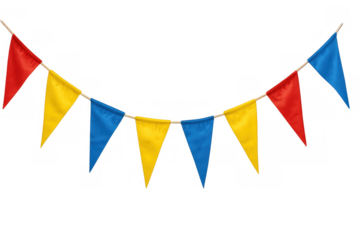 Bunting stringing vibrant pennant flags, creating a festive atmosphere for parties, celebrations, and various events. Transparent background