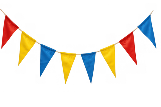 Bunting stringing vibrant pennant flags, creating a festive atmosphere for parties, celebrations, and various events. Transparent background
