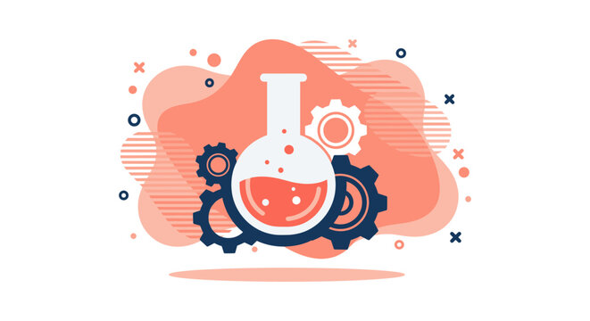 A vibrant illustration showcases a chemistry flask with gears, representing scientific innovation and technological progress against a colorful backdrop.