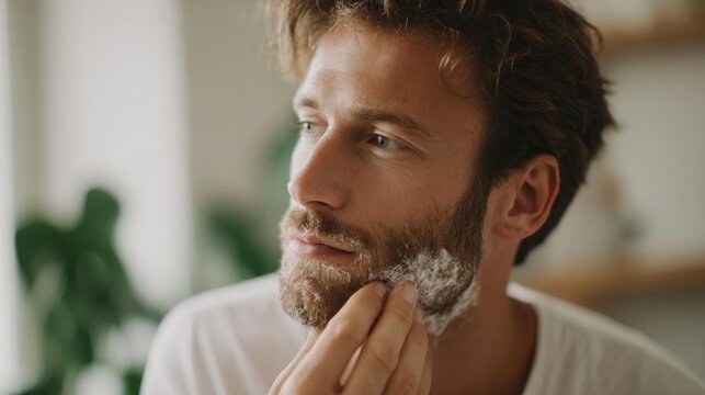 Close-up portrait of a young man shaving his beard. he is sitting in front of a window with a plant visible in the background.