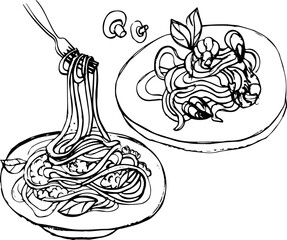 Black-and-white line art sketch of Italian food: spaghetti twirled on a fork, plated pasta with basil & mushrooms, plus pizza slice. Minimalist, appetizing, whimsical style &mdash; perfect for menus or culi