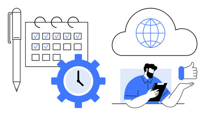 Pen beside calendar with marked tasks, gear with clock, cloud with globe, user holding tablet, thumbs up. Ideal for productivity, teamwork, planning, time management cloud solutions remote work