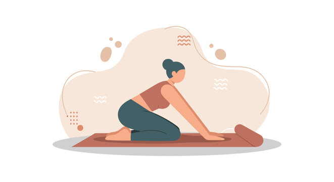 Illustration depicts a woman in sportswear practicing yoga on a mat, promoting wellness and healthy lifestyle with a minimalistic design.